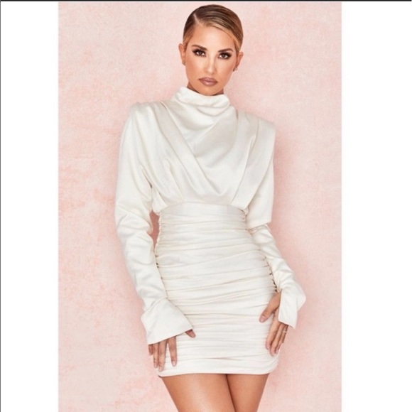 house of cb giorgiana dress ivory House Of CB Giorgiana Satin Draped Ruched Dress Ivory Cream 6 Extra Small  XS